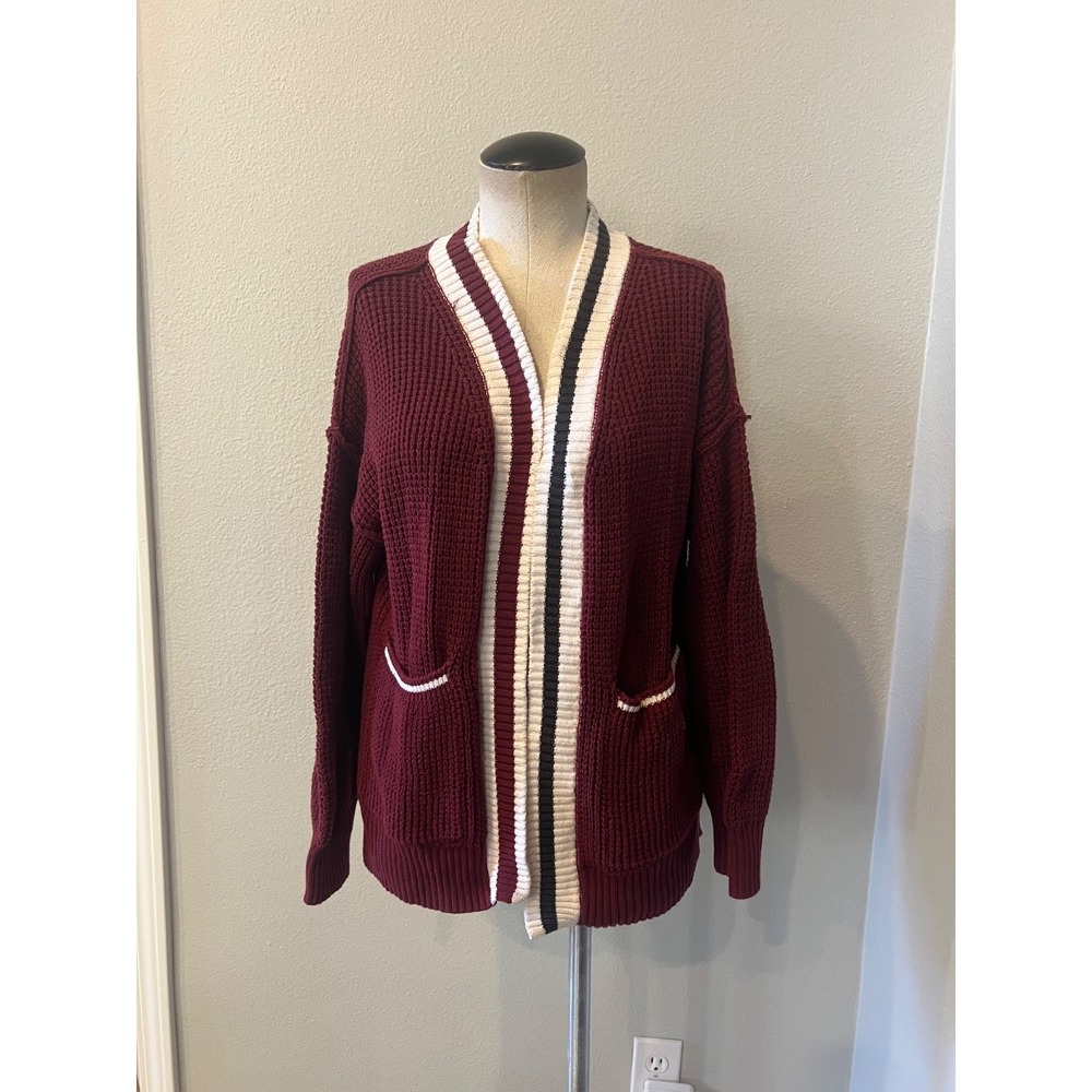 Universal Thread Women's Waffle Knit Open Front Cardigan Burgundy Medium Pockets